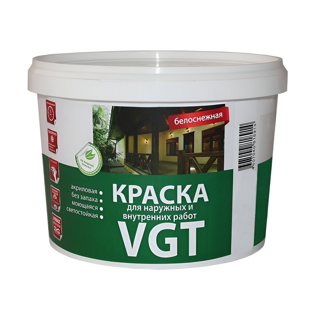 Краска VGT ВД-АК-1180, для наружных и внутренних работ, матовая, белоснежная, 7 кг