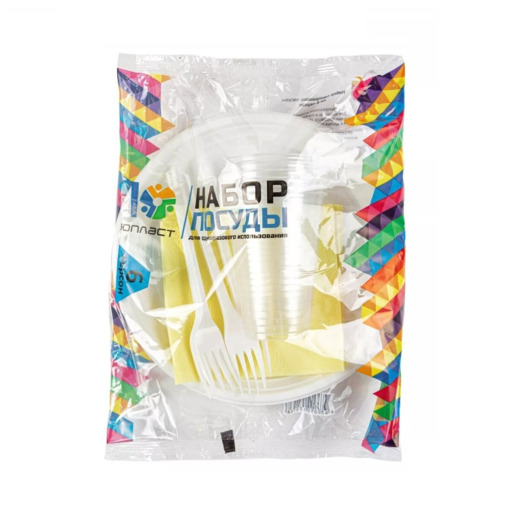 Набор одноразовой посуды Юпласт ЮНАБ 2031 6 персон, стакан 200 мл, вилка, тарелка, салфетка