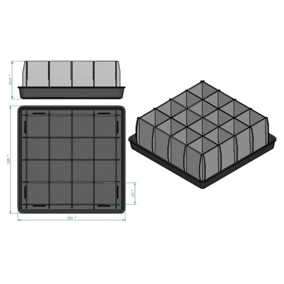 Ящик для рассады разборный, 16 ячеек, 130 мл, пластик, черный, 280х280х100 мм