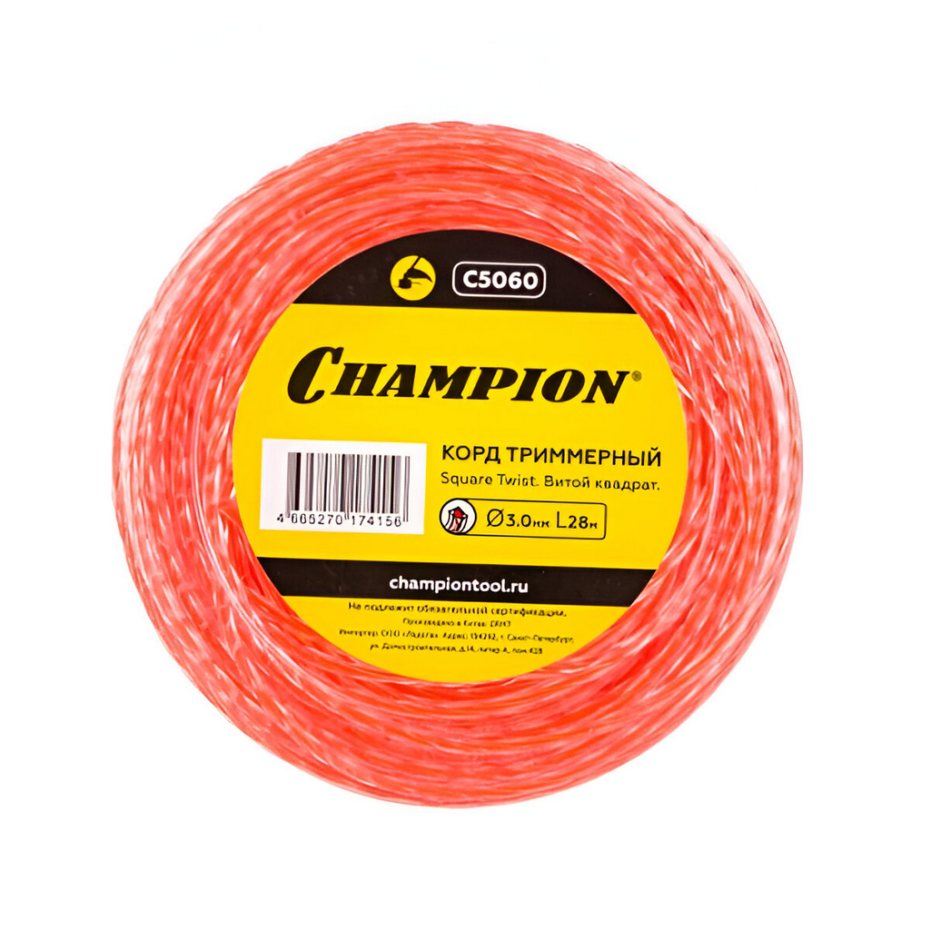 Леска для триммера Champion C5060, диаметр 3 мм, длина 28 м, витой квадрат
