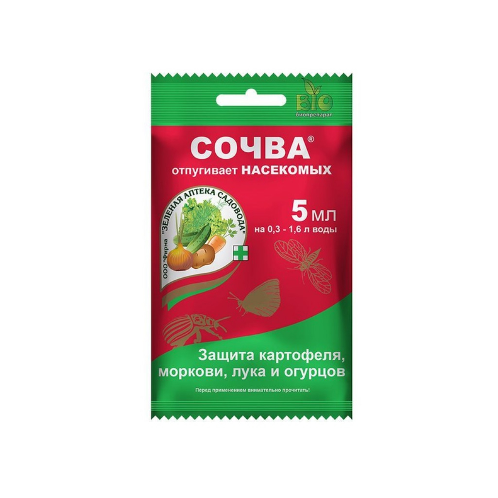 Средство Сочва, репеллент, отпугивает насекомых, защита картофеля, моркови, лука и огурцов, 5 мл