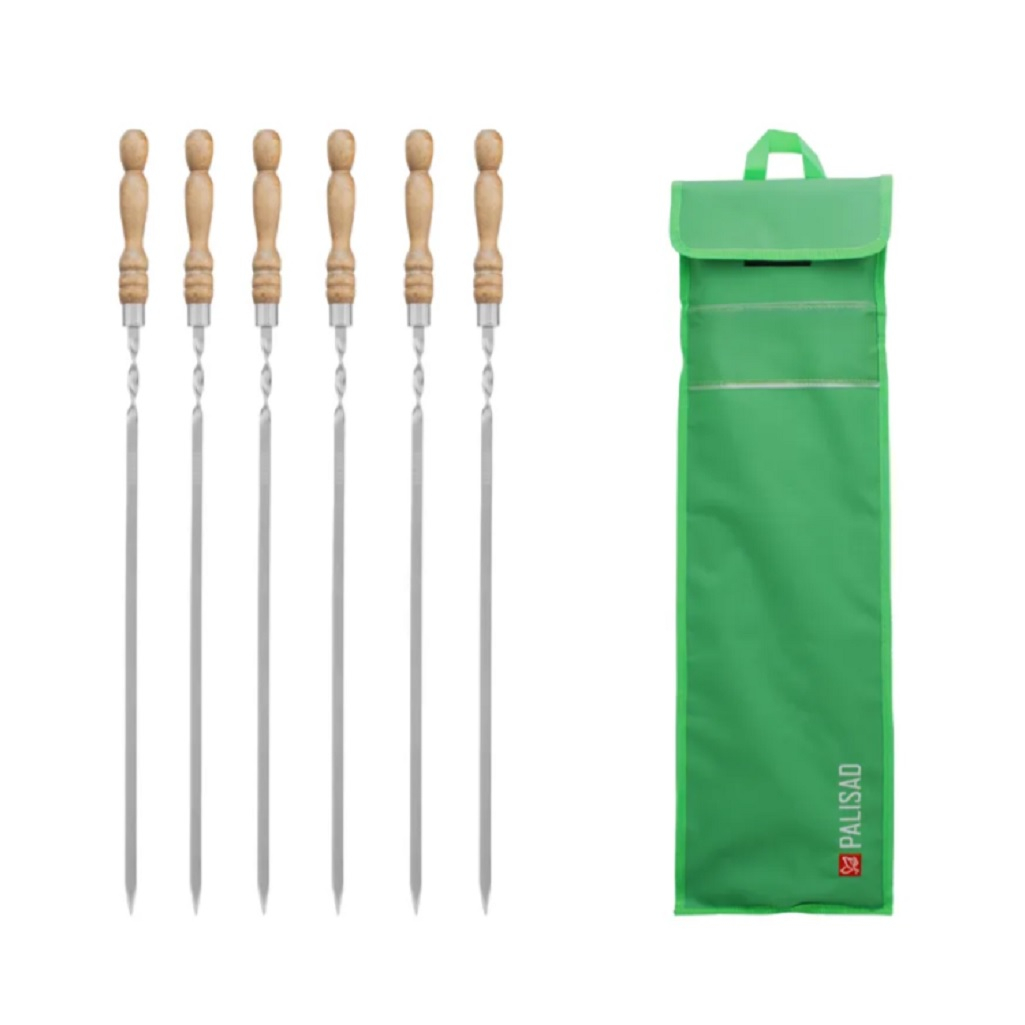 Набор шампуров Palisad 69753 плоские, с деревянной рукояткой в чехле 650 мм, 6 шт.