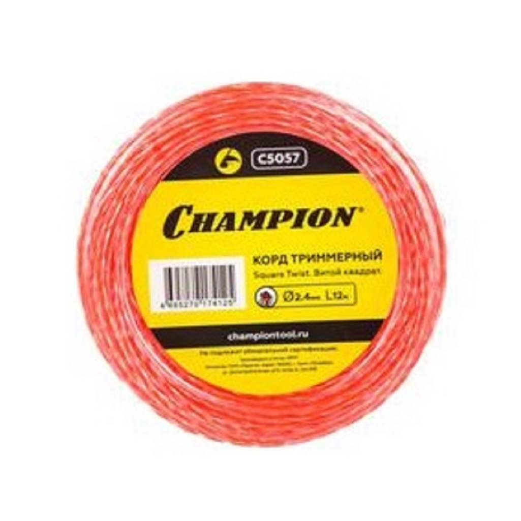 Леска для триммера Champion C5057, диаметр 2.4 мм, длина 12 метров, витой квадрат