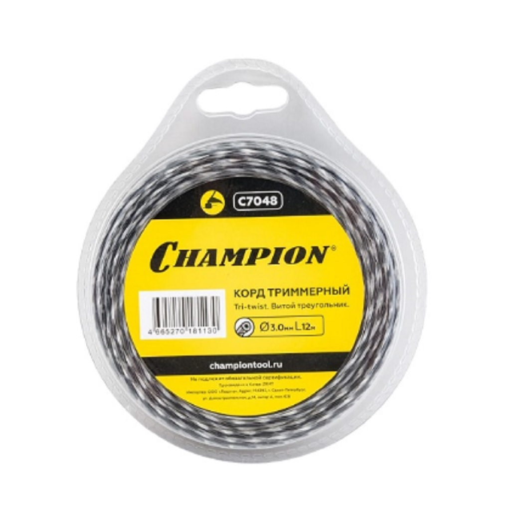 Леска для триммера Champion C4048, диаметр 3.0 мм, длина 12 м, треугольник