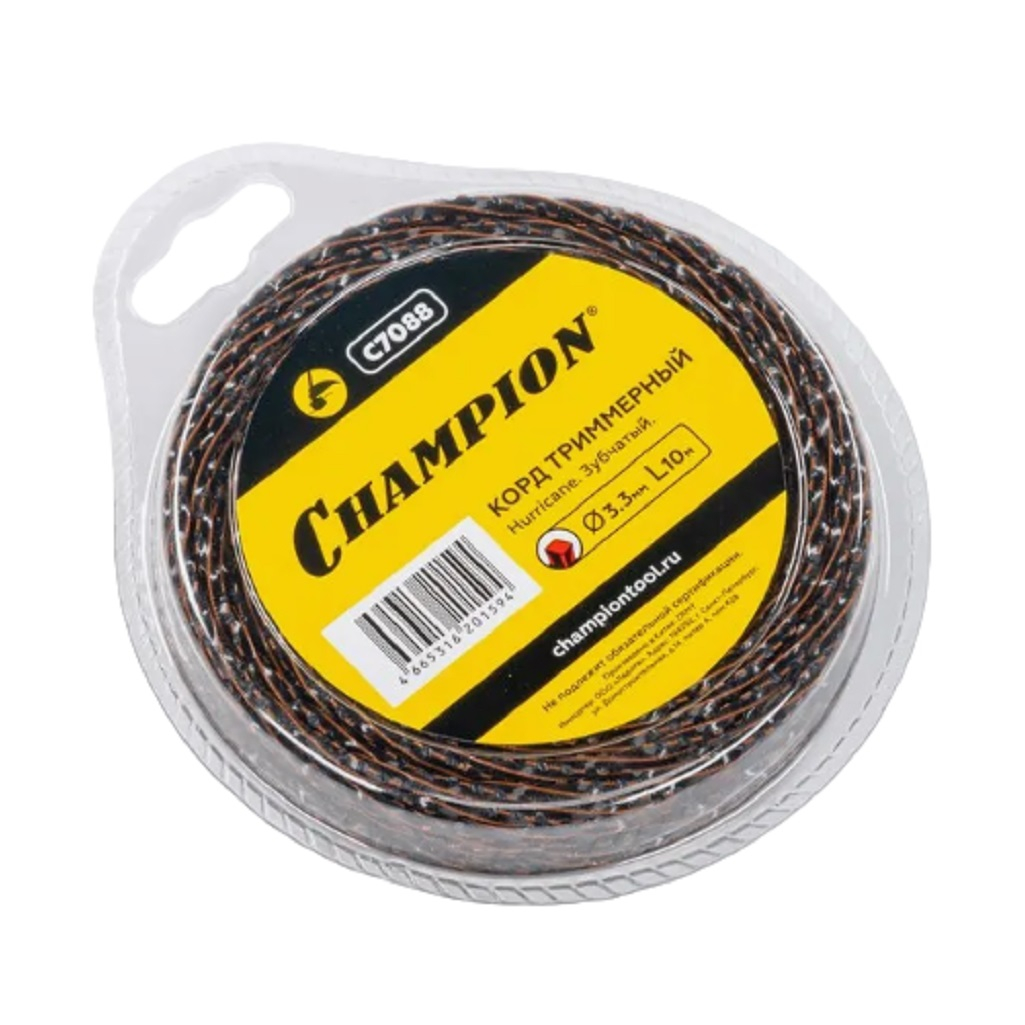 Леска для триммера Champion C7088, диаметр 3.3 мм, длина 10 м, зубчатый квадрат