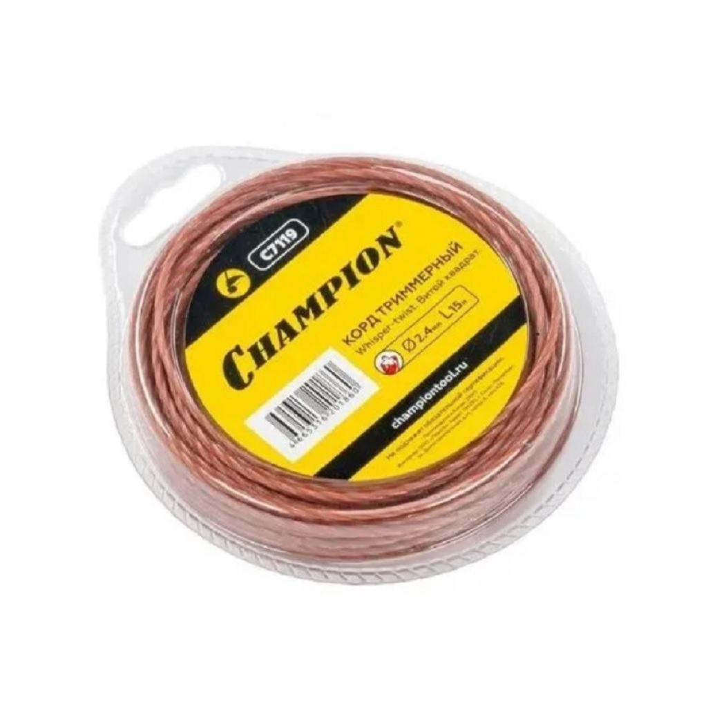 Леска для триммера Champion C7119, диаметр 2.4 мм, длина 15 м, витой квадрат