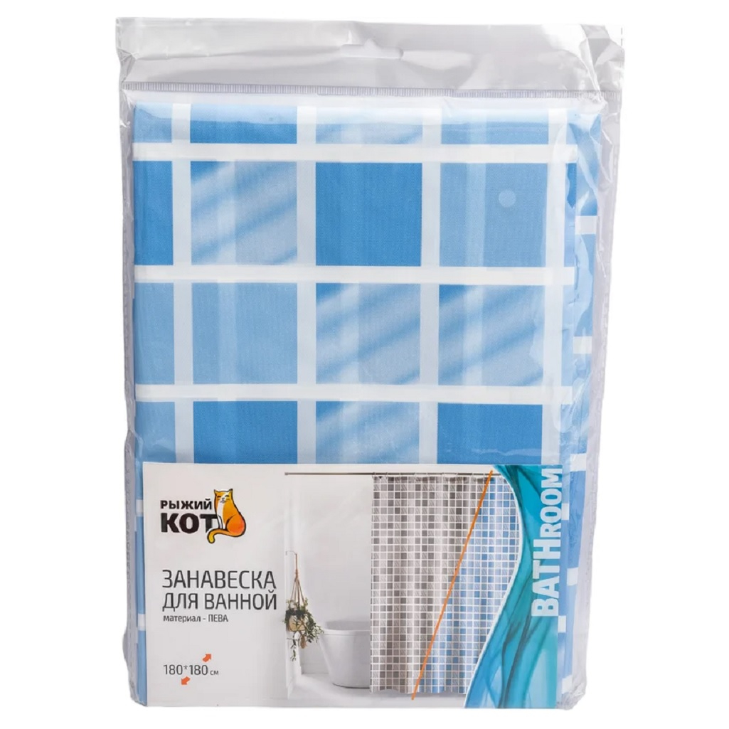 Штора для ванной Рыжий Кот Клетка 236714, 1800х1800 мм, голубой