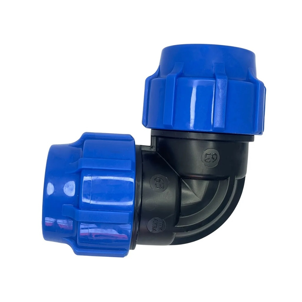 Отвод ПНД 63 мм, угол - 90 градусов, компрессионный, обжимной для соединения труб