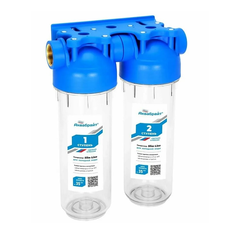 Фильтр магистральный для воды Аквабрайт стандарт Slim Line АБФ-2, 1 дюйм, двухступенчатый