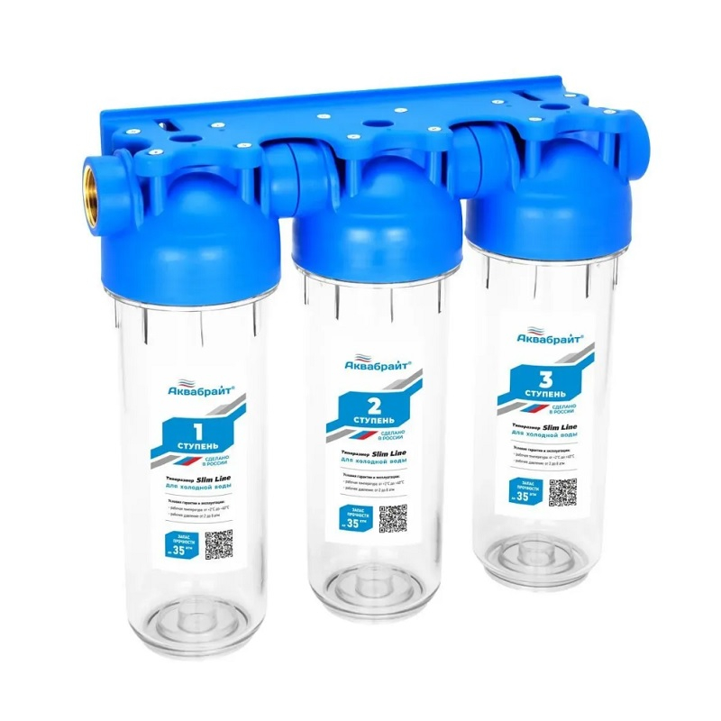 Трехступенчатый магистральный фильтр Аквабрайт стандарт Slim line АБФ-3 1