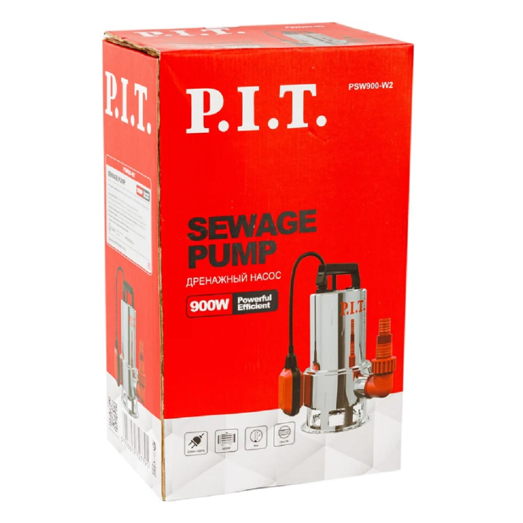 Насос дренажный P.I.T. PSW900-W2, 900 Вт, нержавеющая сталь, грязная вода, напор 9 м, 250 л/мин