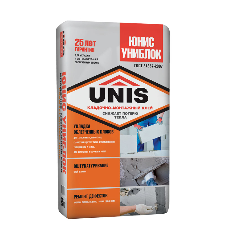 Клей UNIS Юнис Униблок кладочно-монтажный, цементный, 25 кг